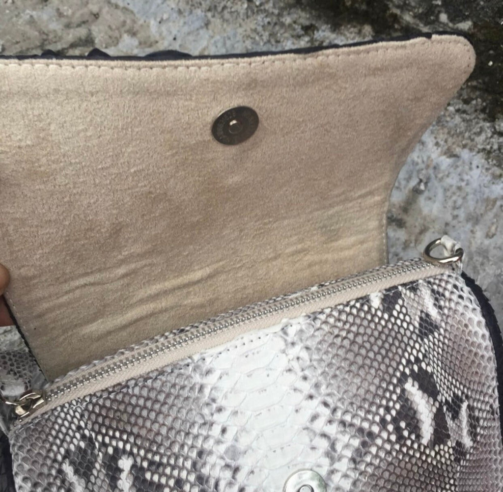 Genuine Python Skin Chain Tassel Bag — Black & Gray