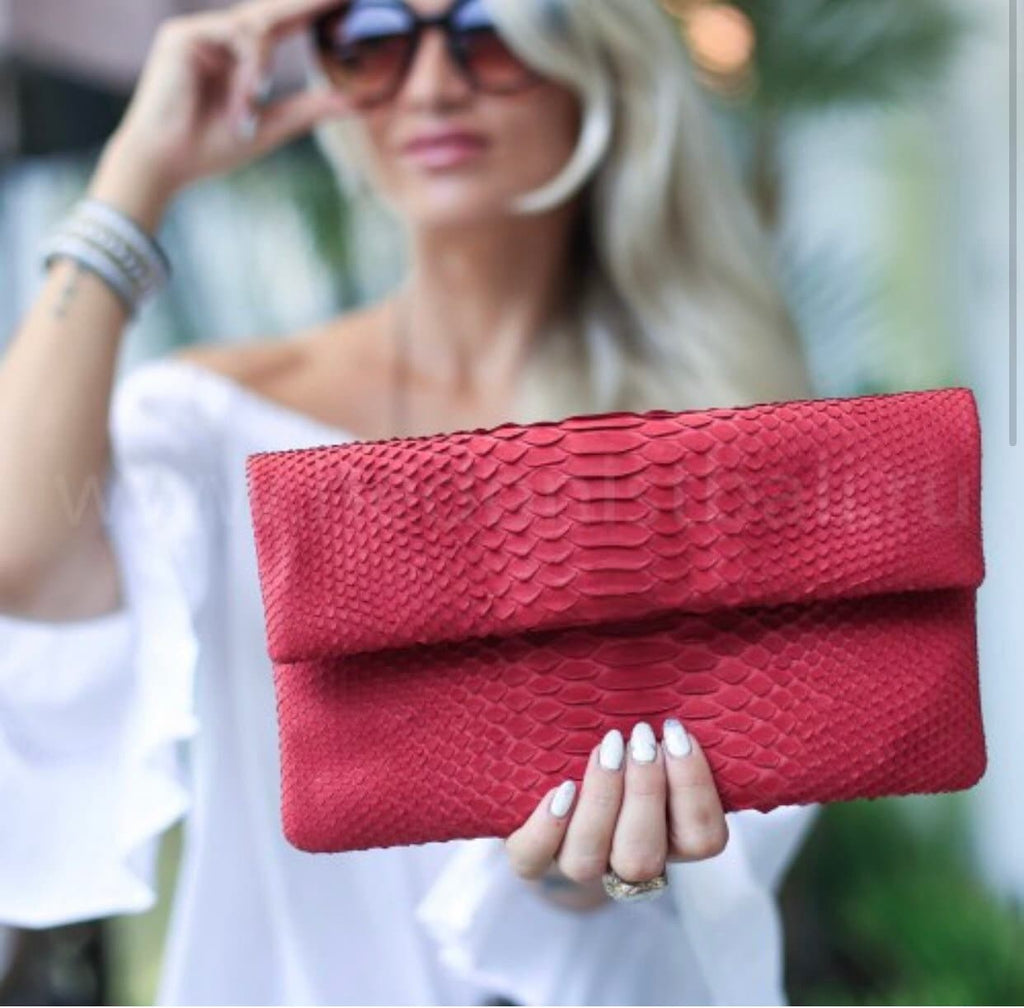 Genuine Python Skin Envelope Clutch — Red