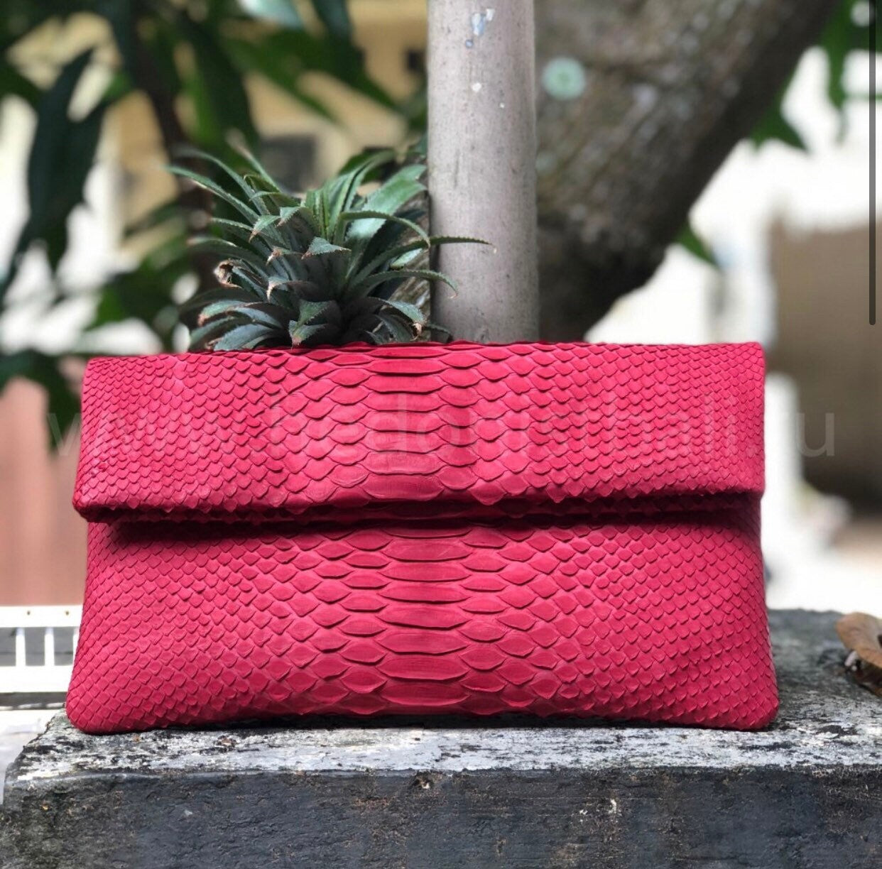 Genuine Python Skin Envelope Clutch — Red