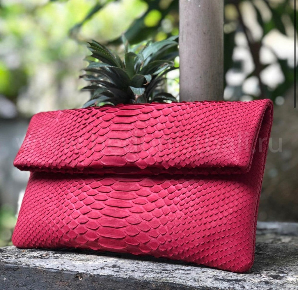 Genuine Python Skin Envelope Clutch — Red