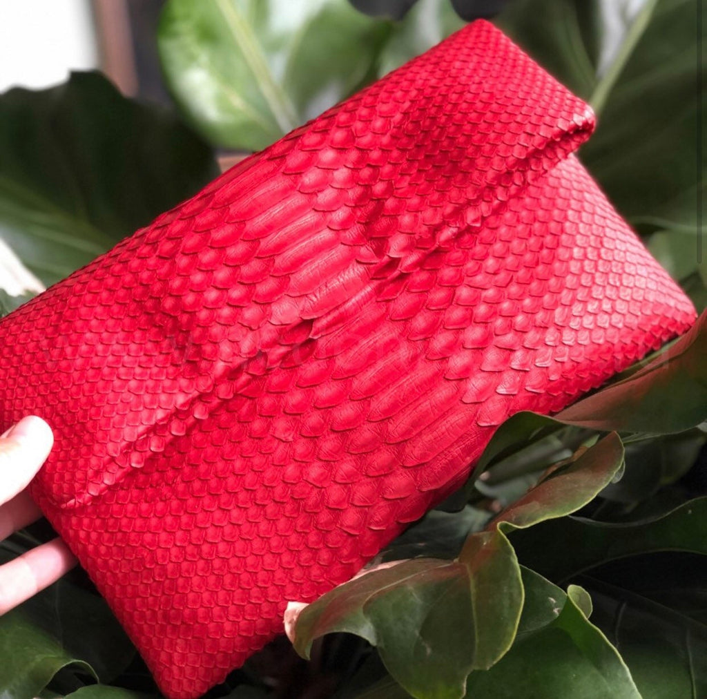 Genuine Python Skin Envelope Clutch — Red