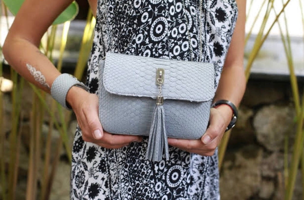 Genuine Python Skin Light Gray Tassel Bag — Red