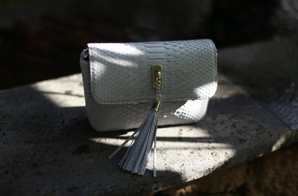 Genuine Python Skin Tassel Bag — Light Gray