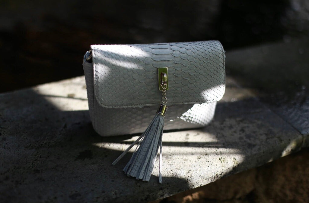 Genuine Python Skin Light Gray Tassel Bag — Red