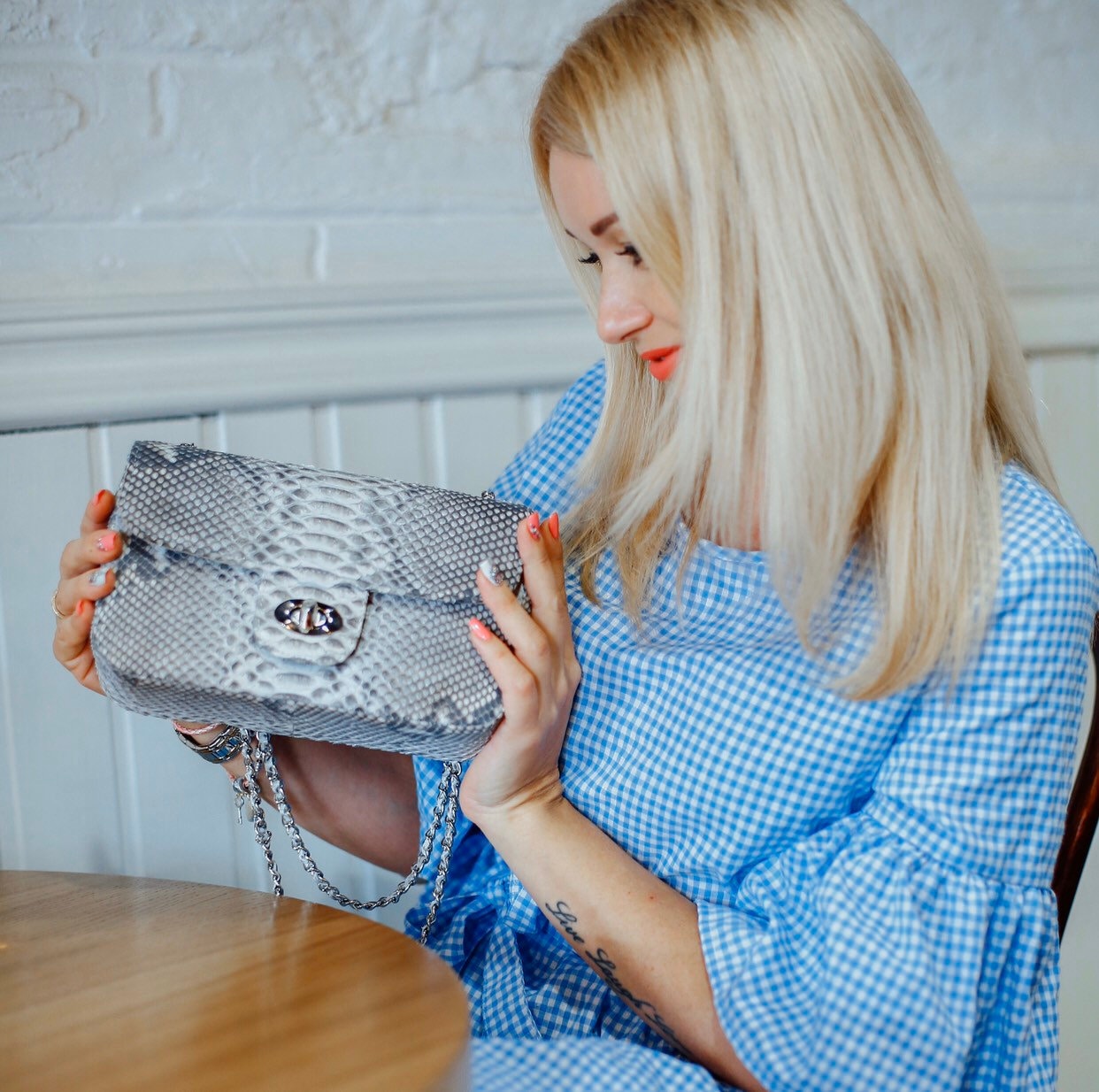Genuine Python Skin Crossbody Natural Scale Gray Bag — Red