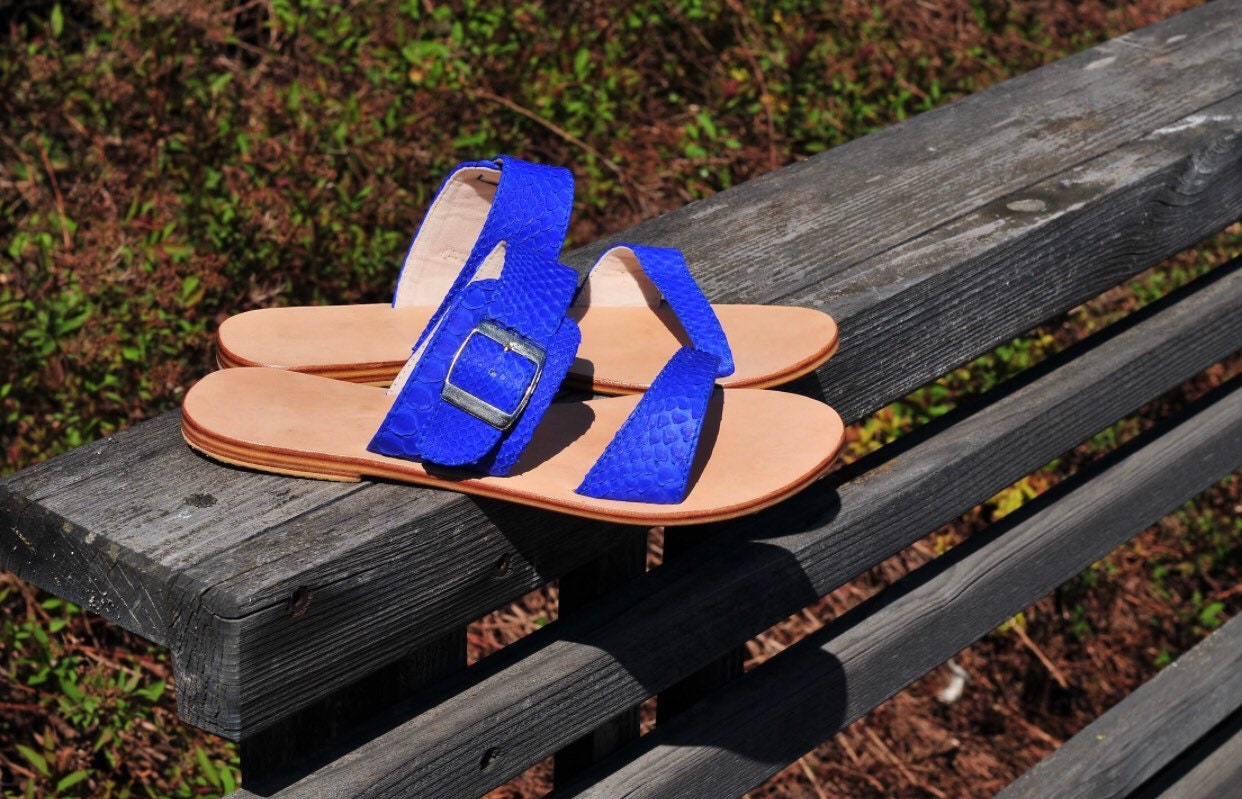 Genuine Python Skin & Leather Sandal — Blue
