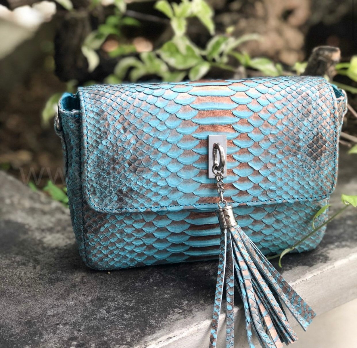 Genuine python skin light blue summer tassel women crossbody bag