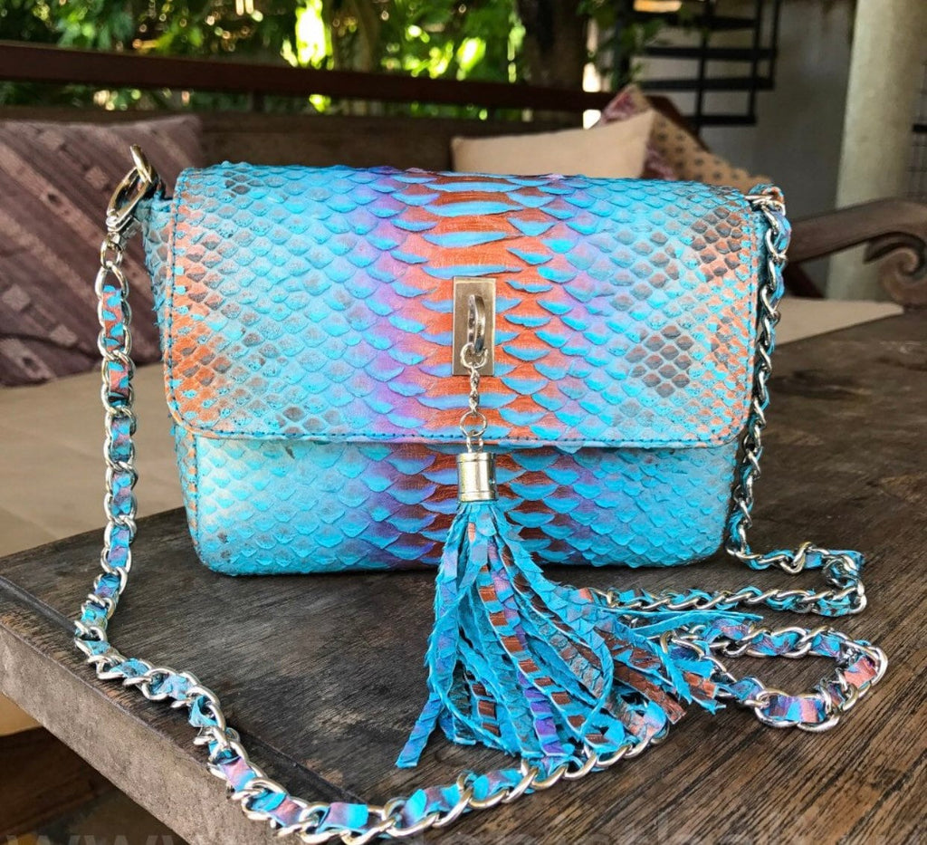 Genuine python skin light blue summer tassel women crossbody bag