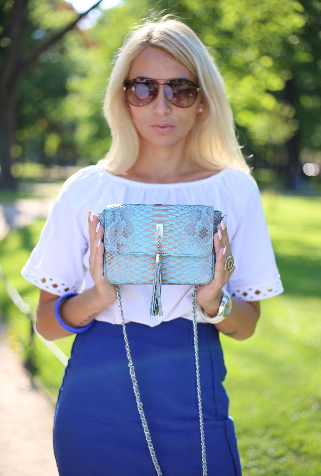 Genuine python skin light blue summer tassel women crossbody bag