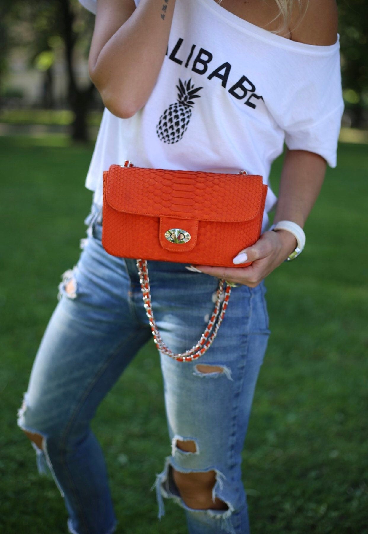 Orange Genuine Python Skin Bag — Red