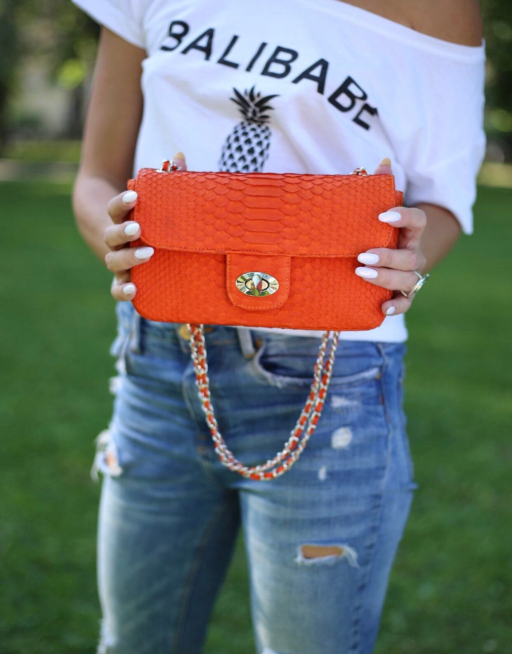 Genuine Python Skin Chain Crossbody Bag — Orange