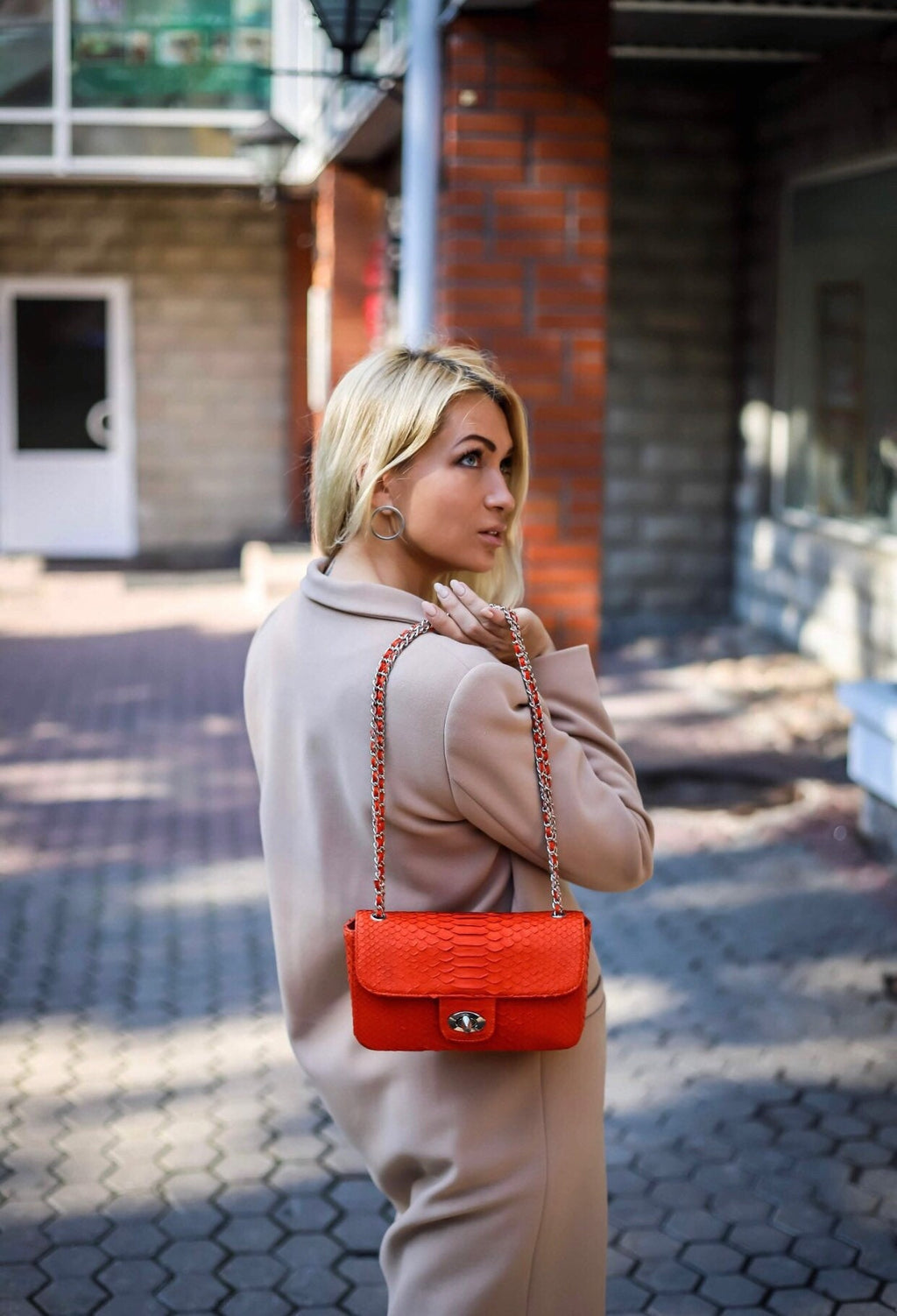 Genuine Python Skin Chain Crossbody Bag — Orange