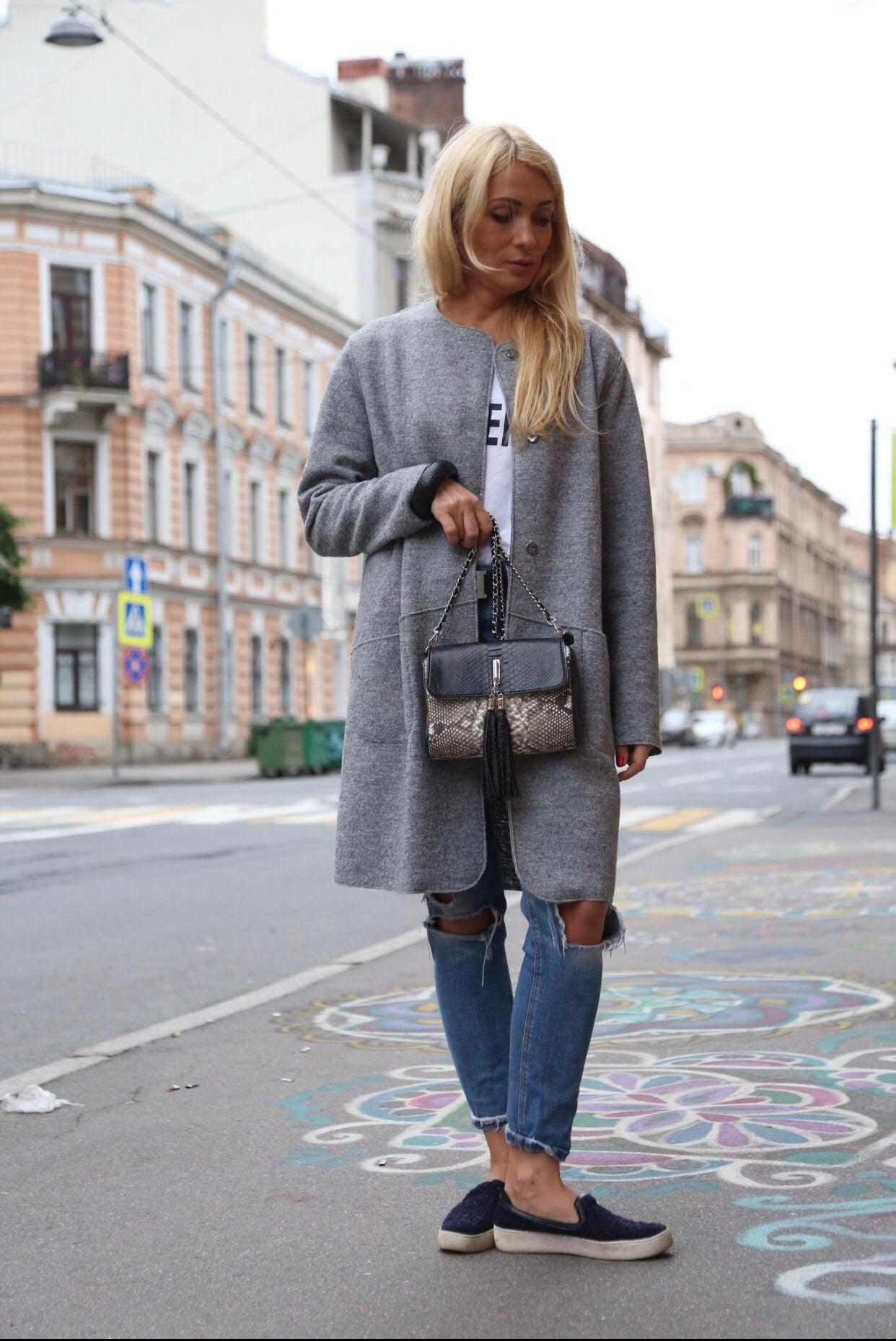 Genuine Python Skin Chain Tassel Bag — Black & Gray