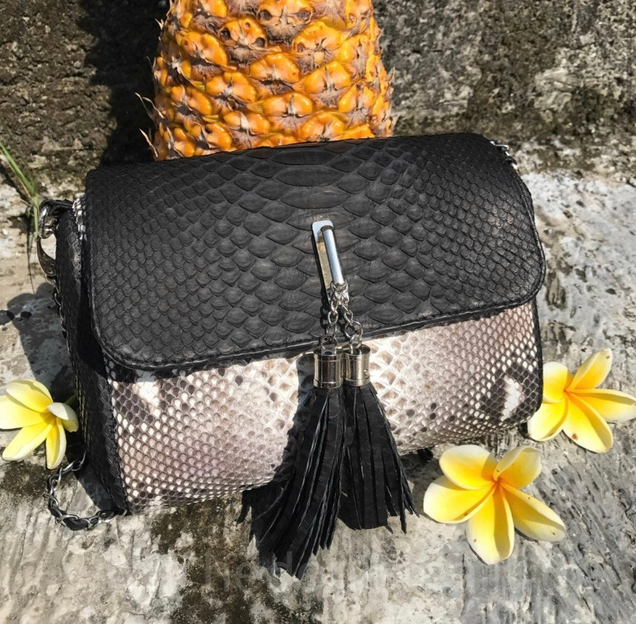 Genuine Python Skin Chain Tassel Bag — Black & Gray