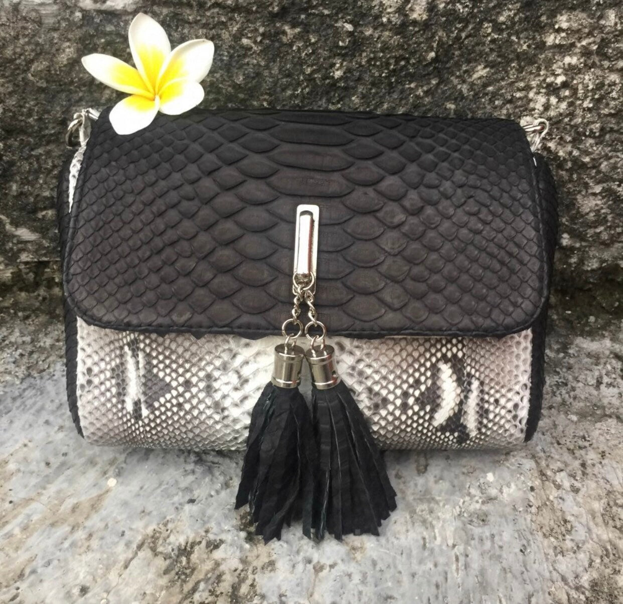 Genuine Python Skin Chain Tassel Bag — Black & Gray