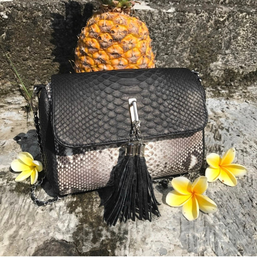 Genuine Python Skin Chain Tassel Bag — Black & Gray