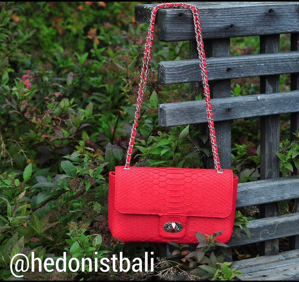 Genuine Python Skin Chain Crossbody Bag — Red