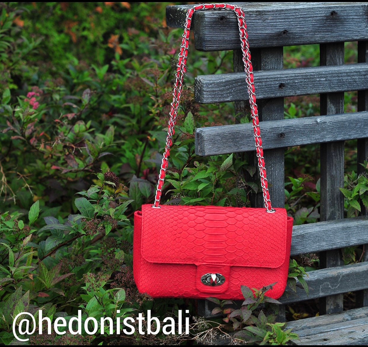 Genuine Python Skin Chain Crossbody Bag — Red