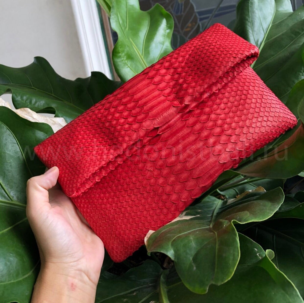 Genuine Python Skin Envelope Clutch — Red