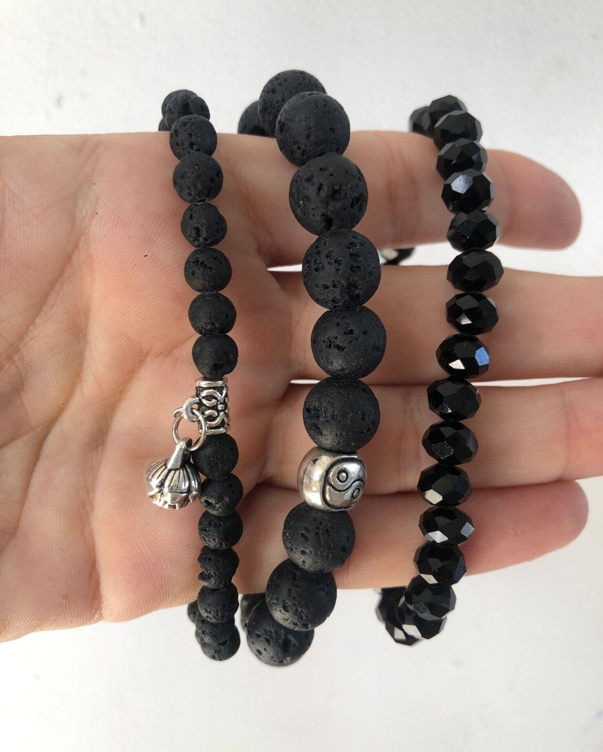 Lava Stone & Crystal Bracelet Set — Black