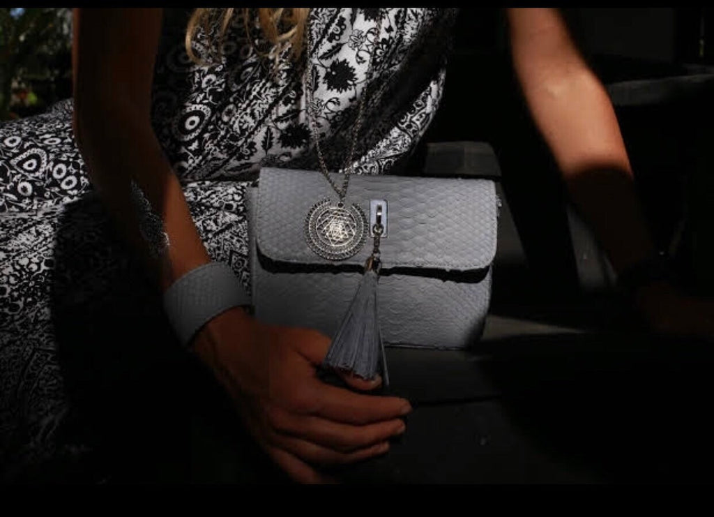 Genuine Python Skin Light Gray Tassel Bag — Red