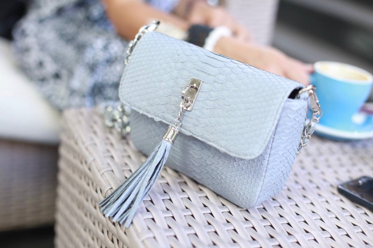 Genuine Python Skin Light Gray Tassel Bag — Red
