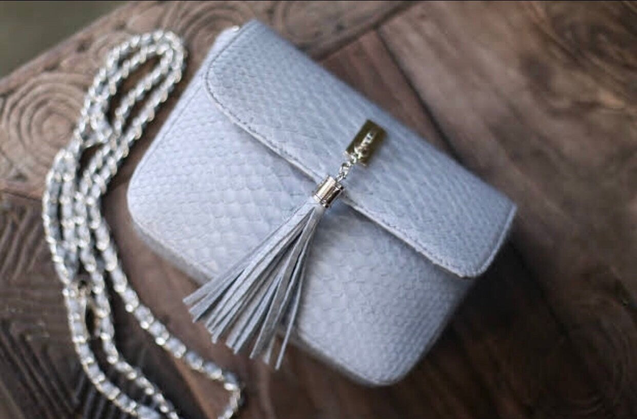 Genuine Python Skin Light Gray Tassel Bag — Red