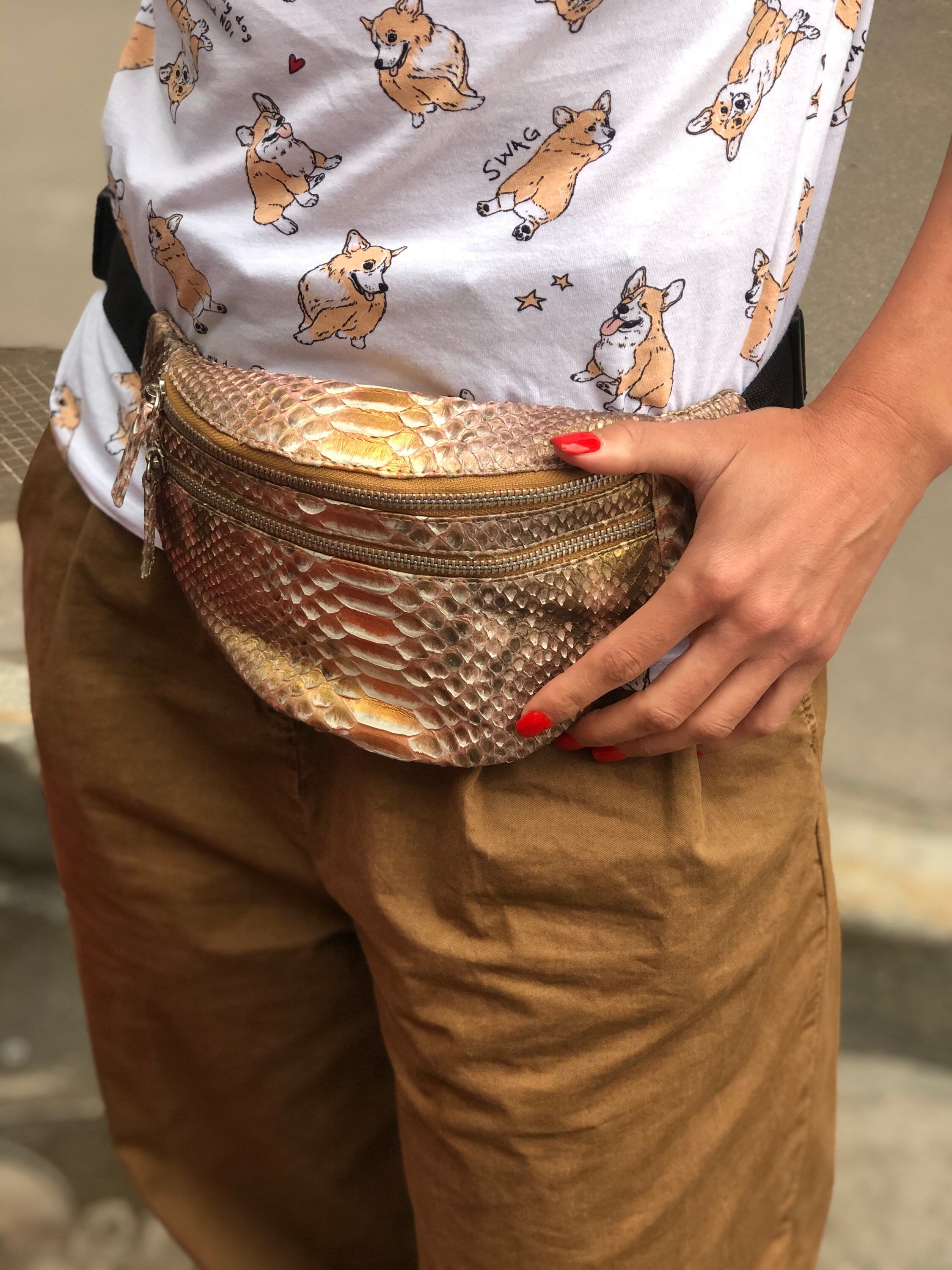Genuine Python Skin Fanny Pack Bronze Color — Red