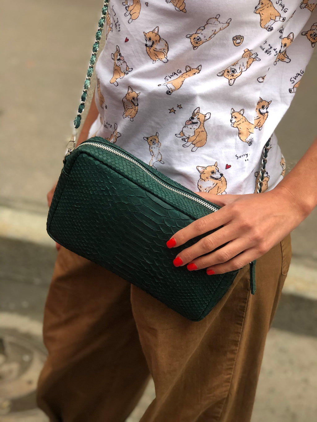 Genuine Python Skin Bag Dark Green Color
