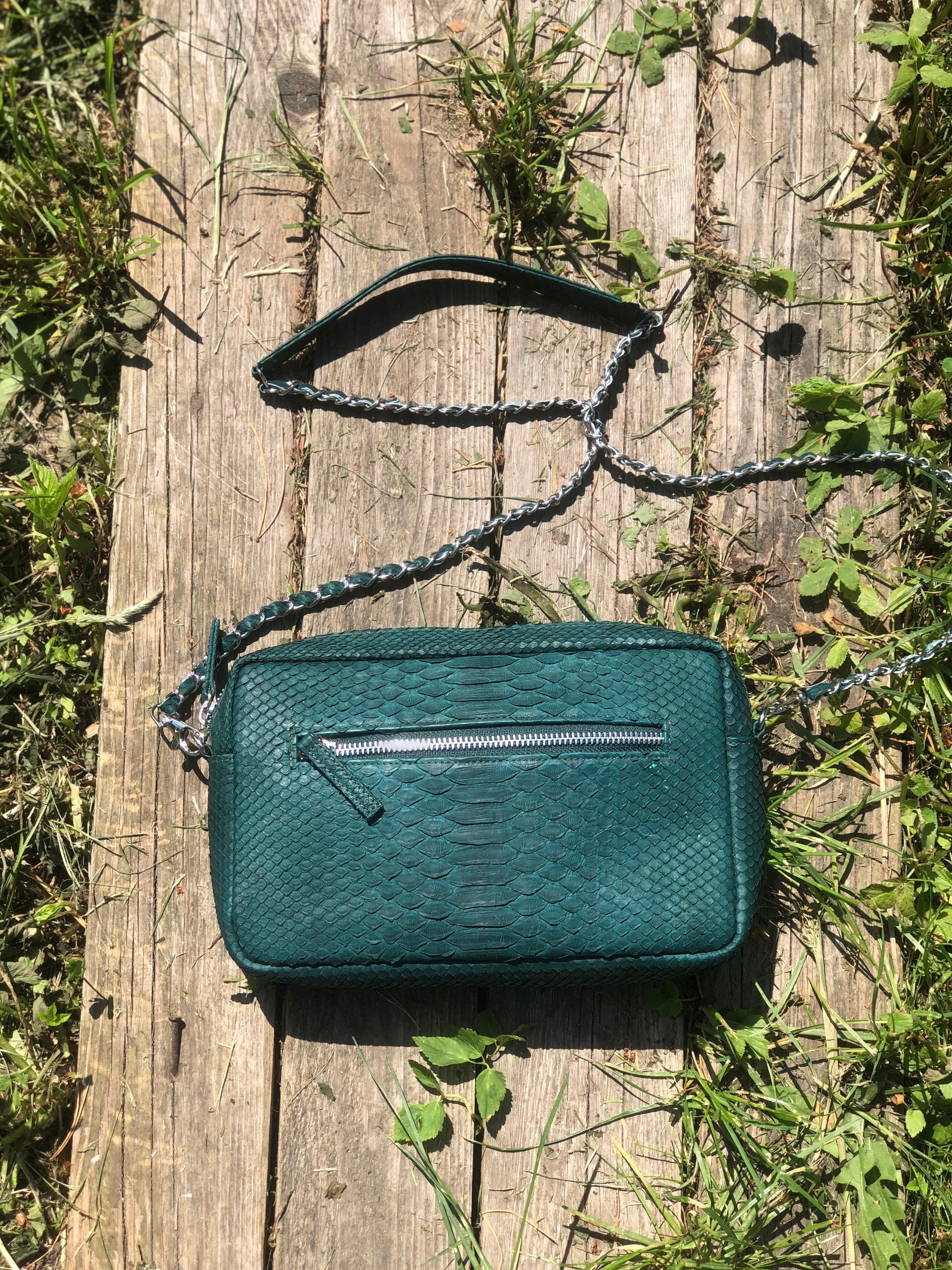 Genuine Python Skin Bag Dark Green Color