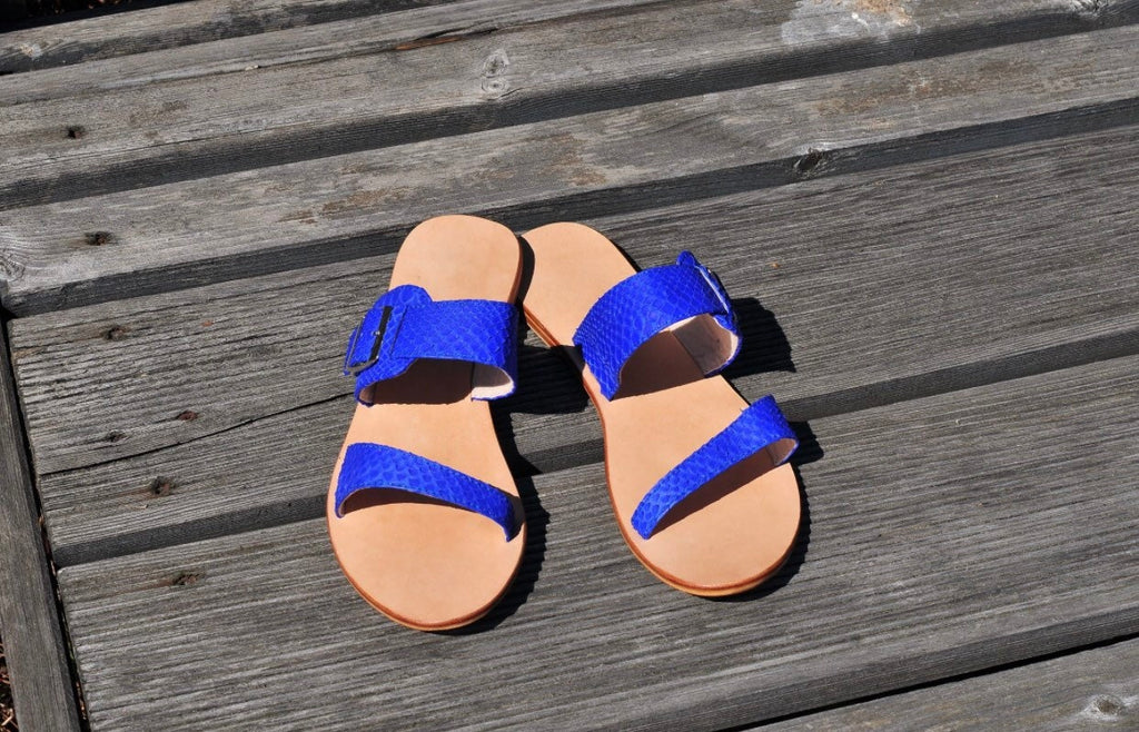 Genuine Python Skin & Leather Sandal — Blue