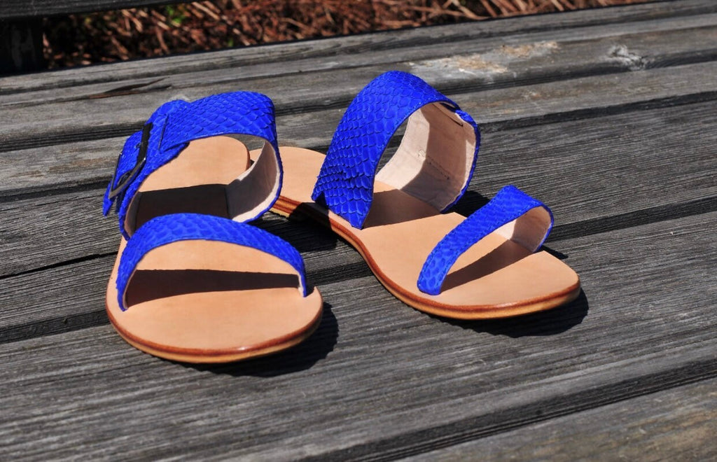 Genuine Python Skin & Leather Sandal — Blue
