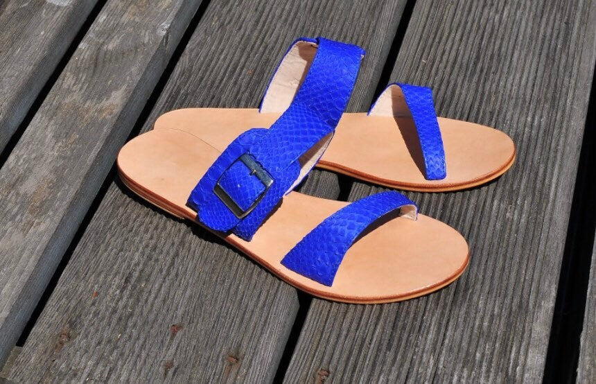 Genuine Python Skin & Leather Sandal — Blue