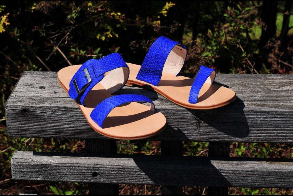Genuine Python Skin & Leather Sandal — Blue