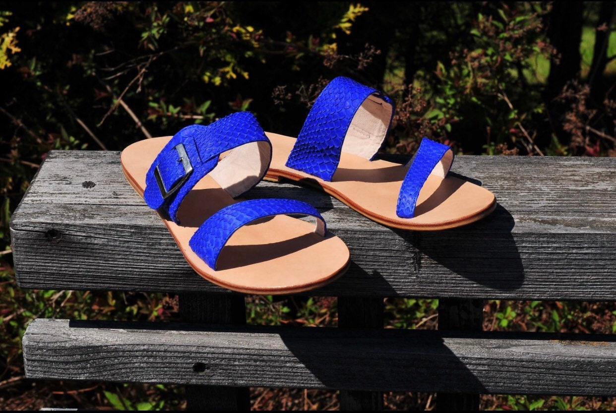 Genuine Python Skin & Leather Sandal — Blue