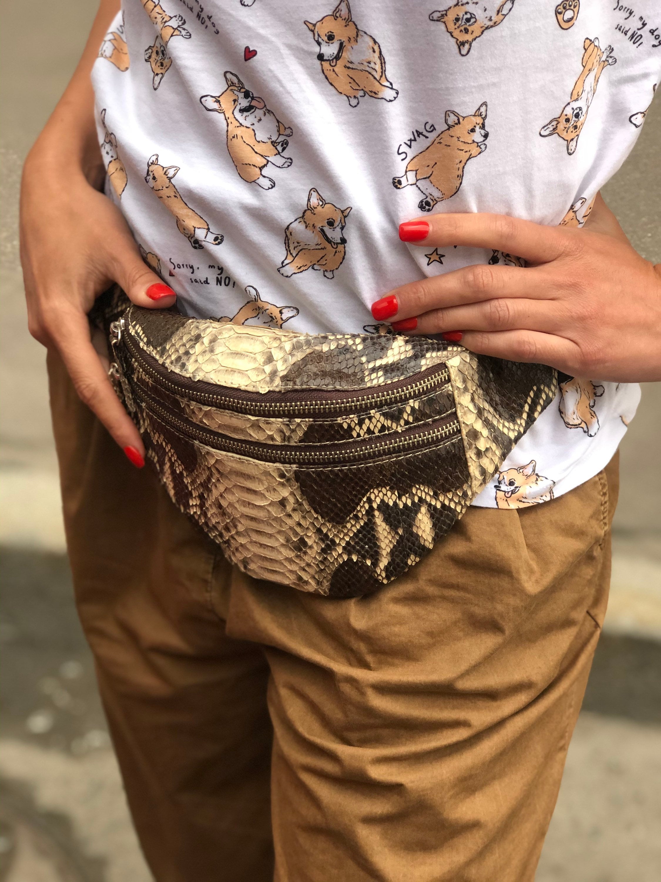 Genuine Python Skin Fanny Pack Brown and White