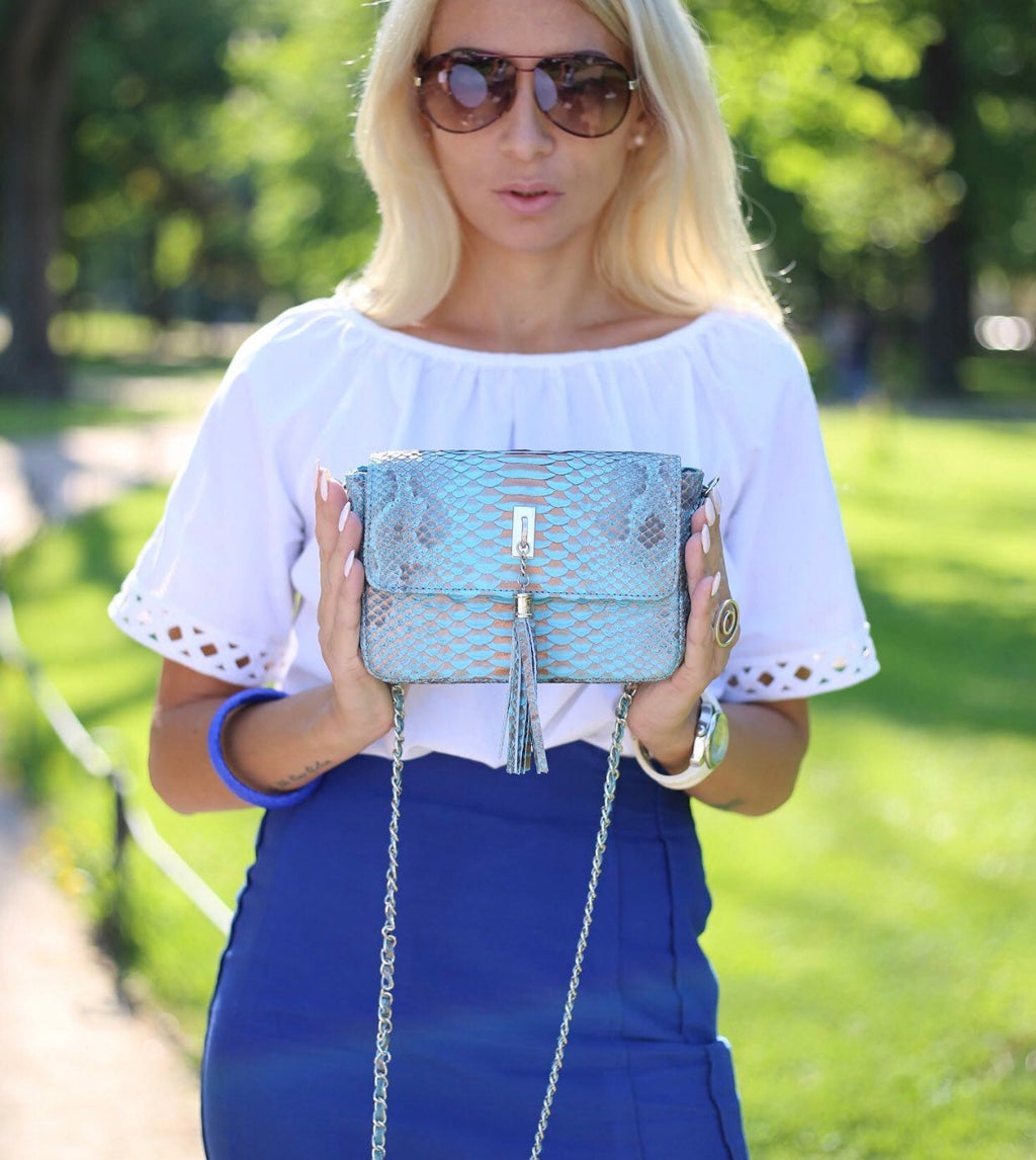 Genuine python skin light blue summer tassel women crossbody bag