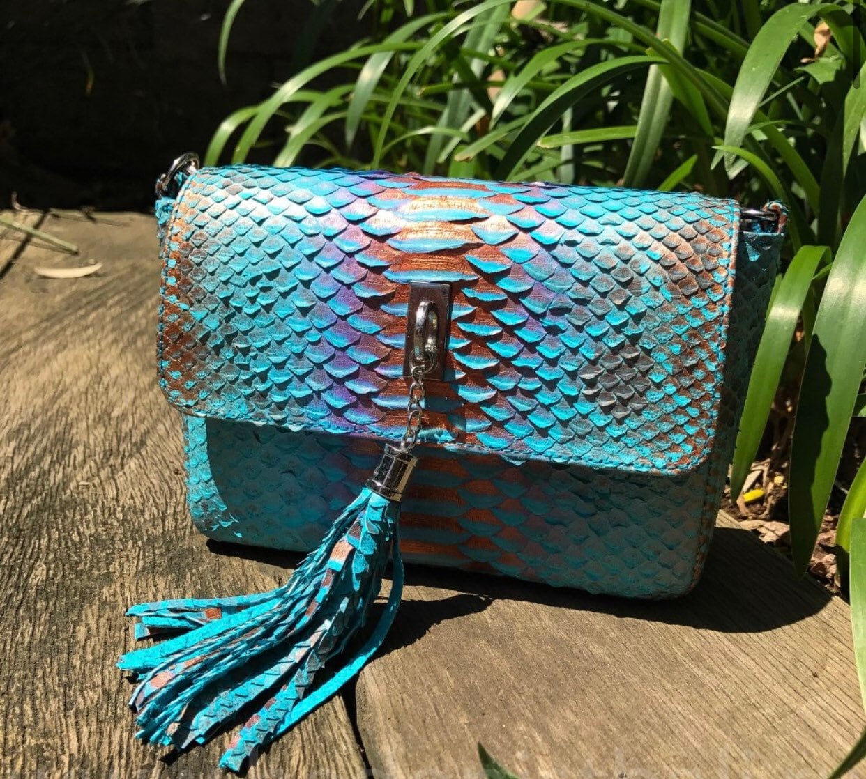Genuine python skin light blue summer tassel women crossbody bag