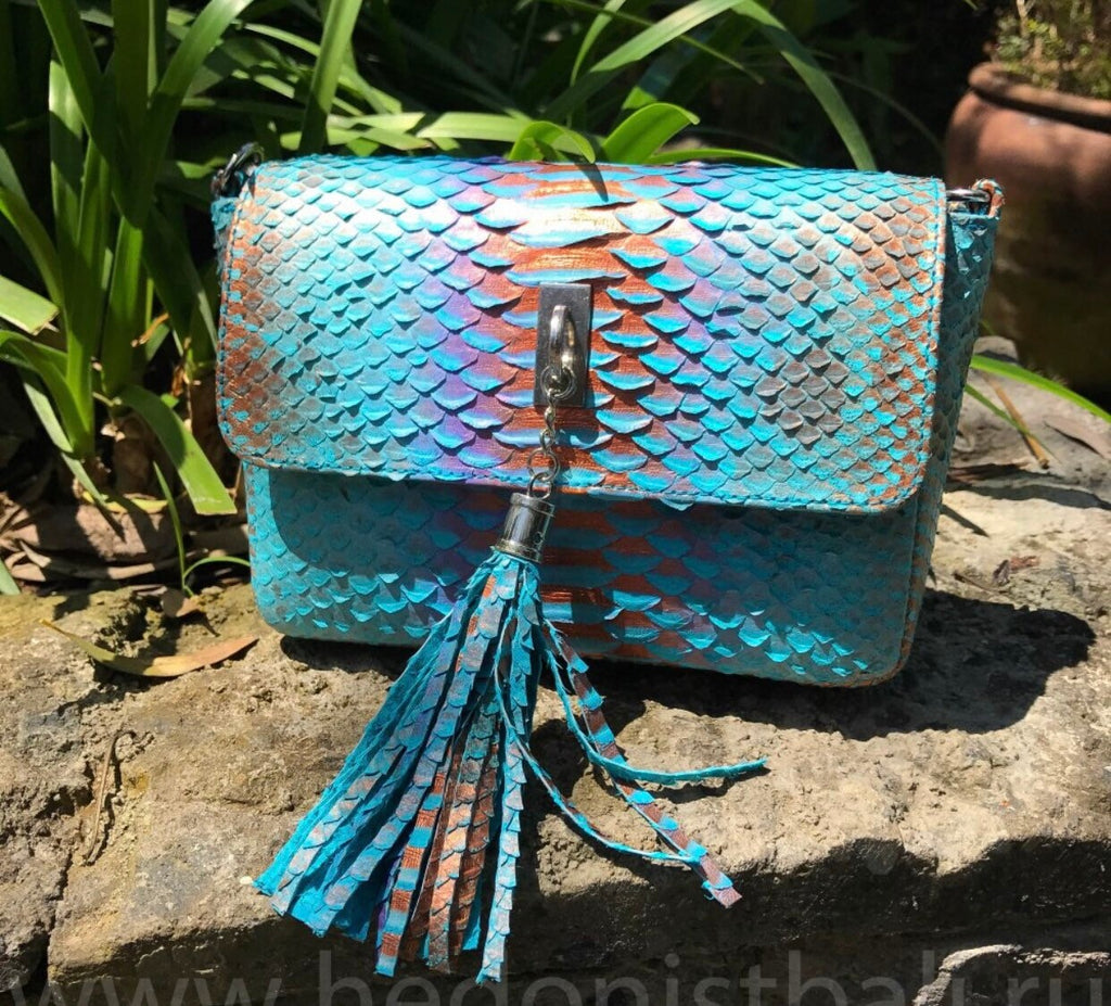 Genuine python skin light blue summer tassel women crossbody bag