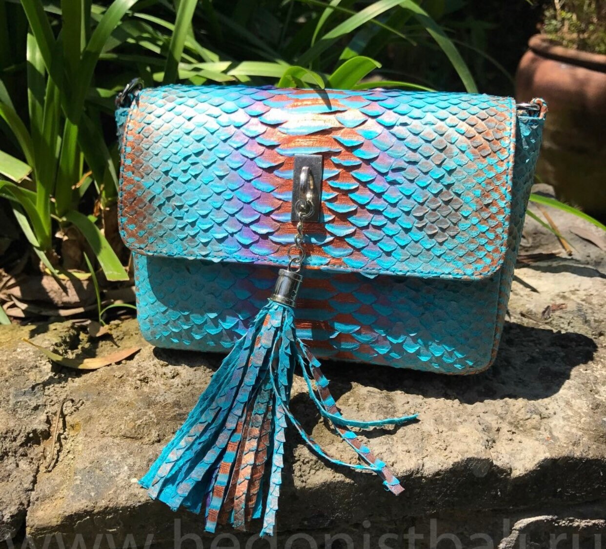 Genuine python skin light blue summer tassel women crossbody bag