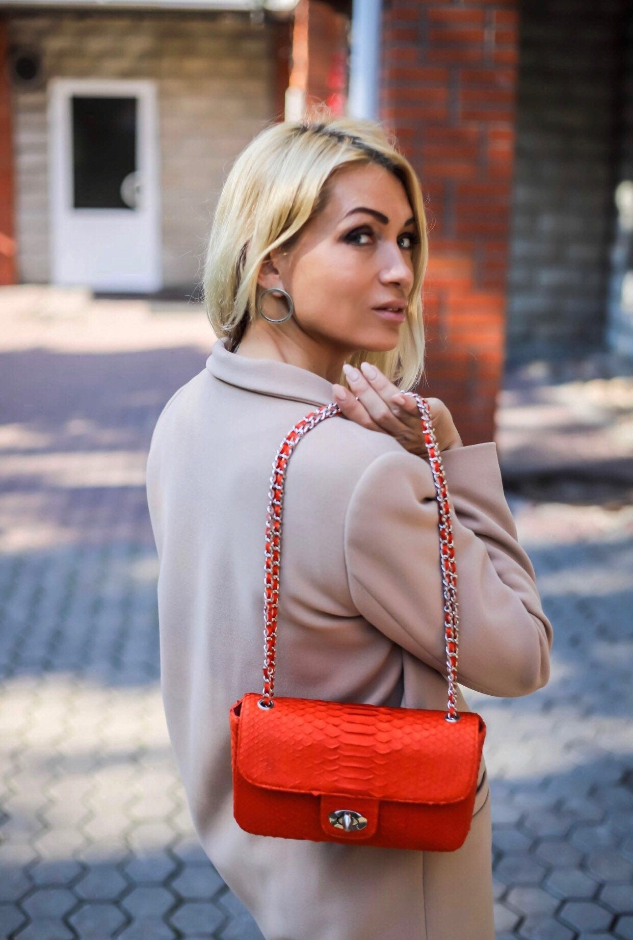 Orange Genuine Python Skin Bag — Red