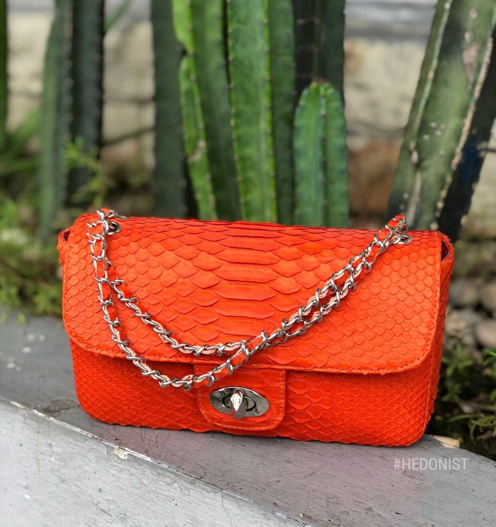 Genuine Python Skin Chain Crossbody Bag — Orange