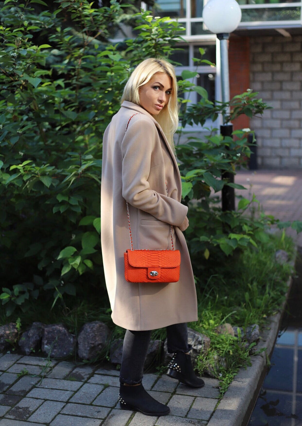 Genuine Python Skin Chain Crossbody Bag — Orange