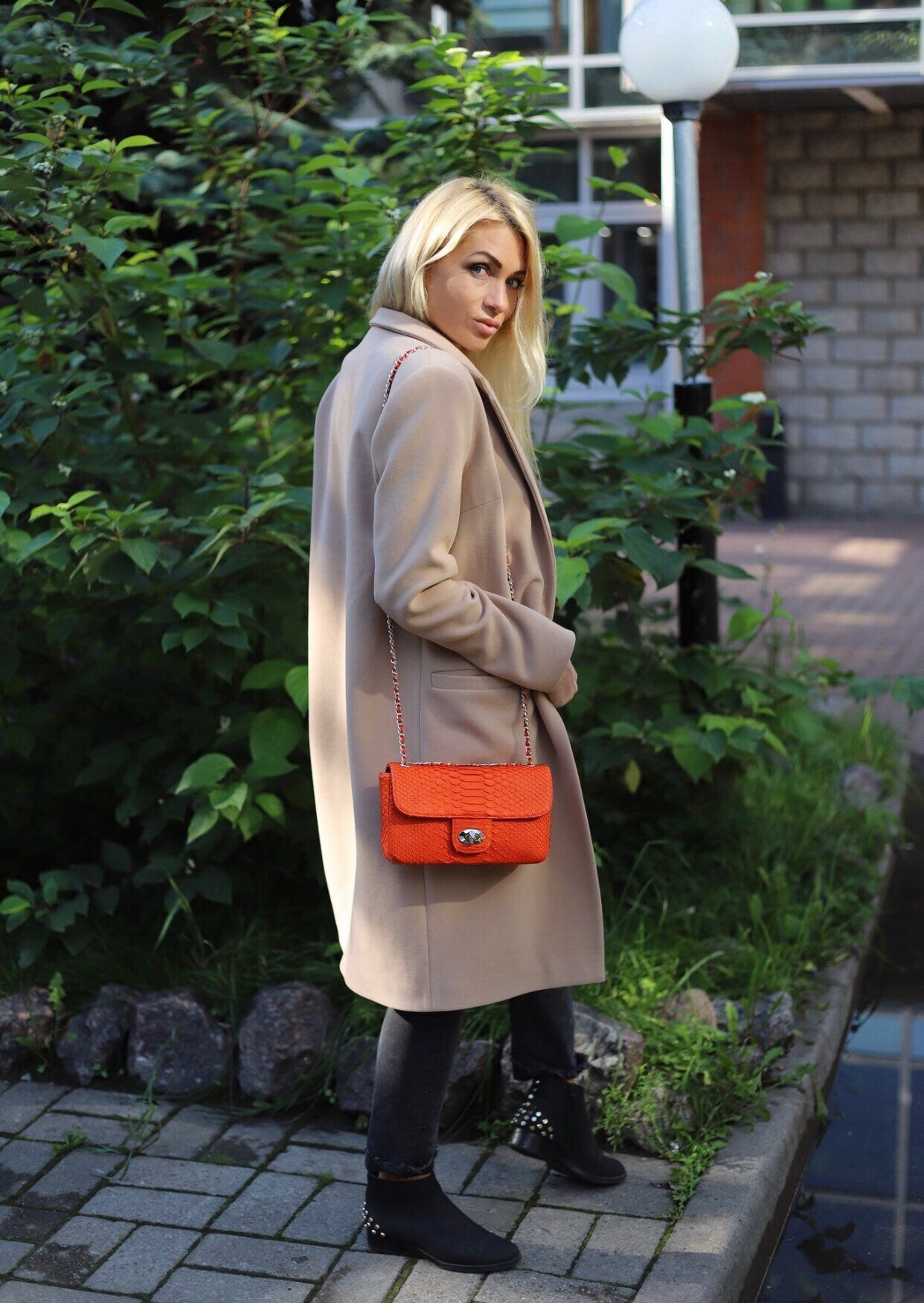 Genuine Python Skin Chain Crossbody Bag — Orange