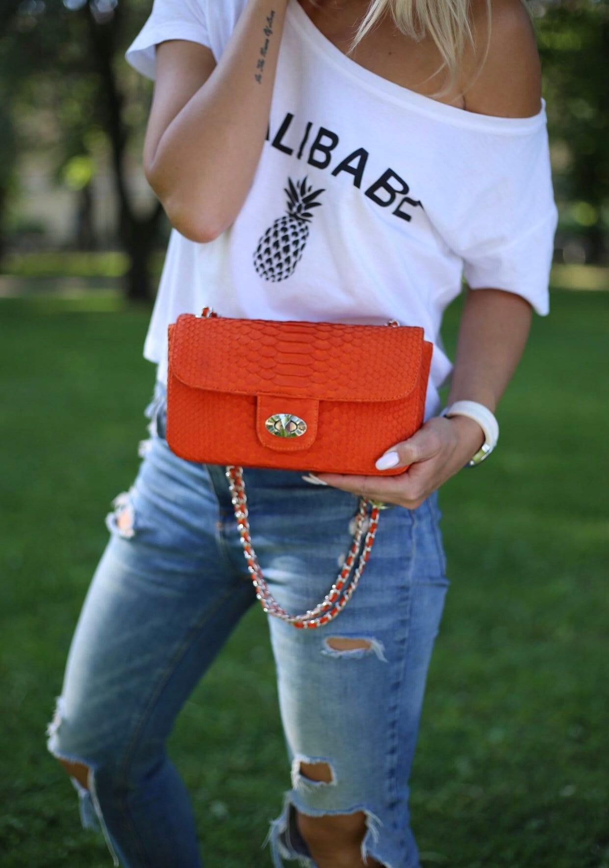 Genuine Python Skin Chain Crossbody Bag — Orange