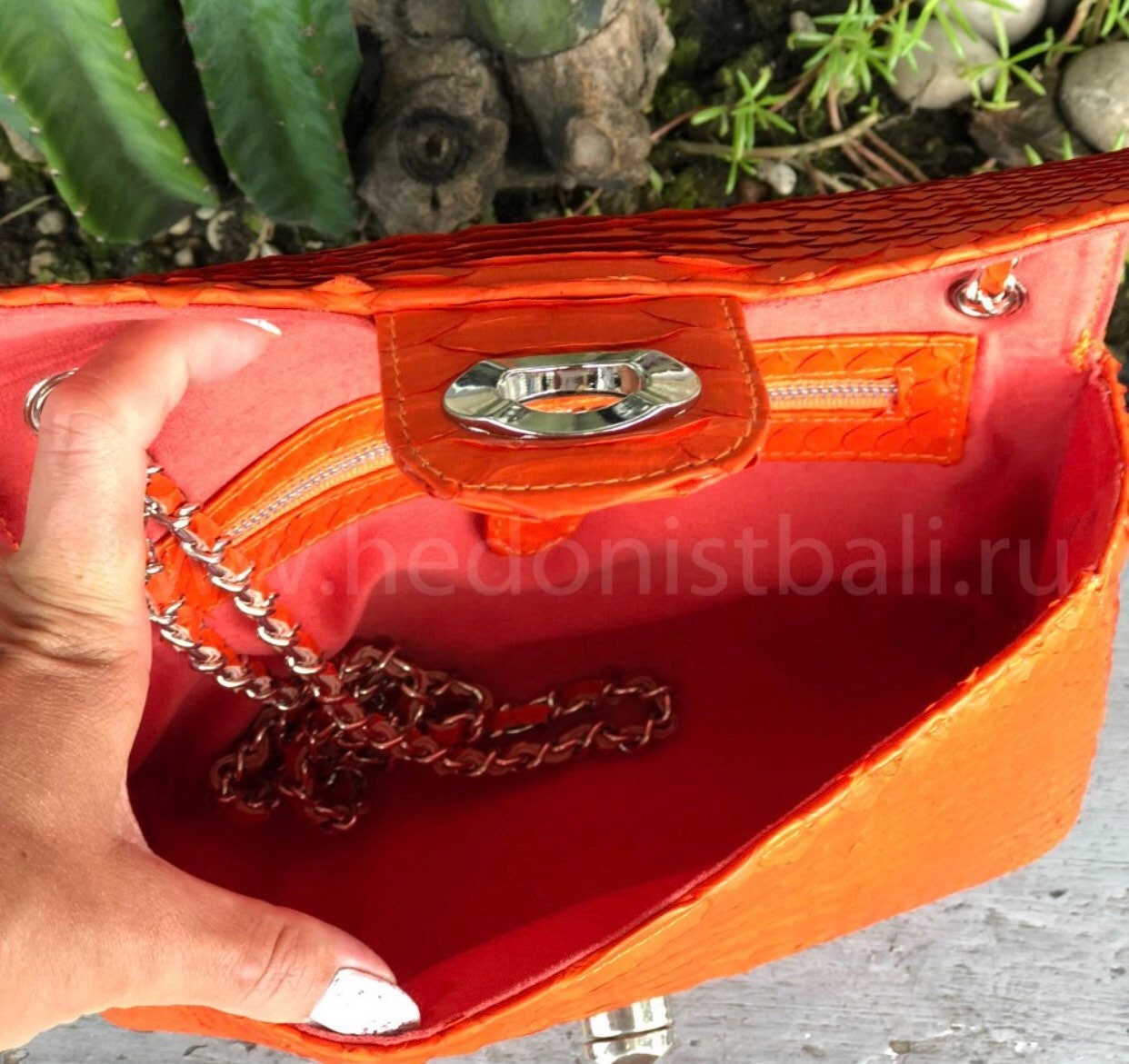 Genuine Python Skin Chain Crossbody Bag — Orange