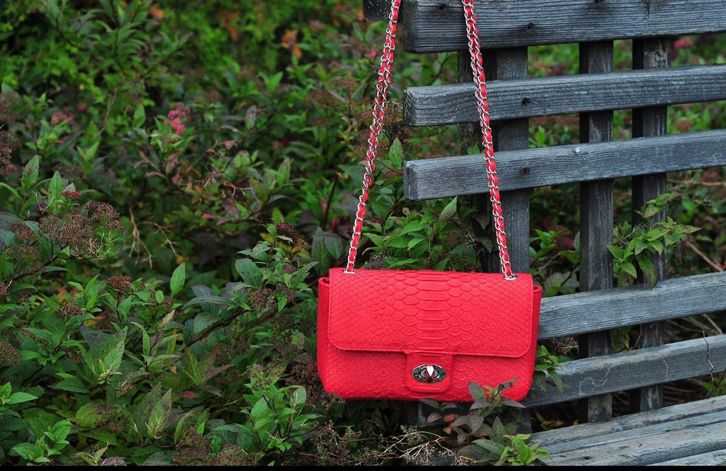 Genuine Python Skin Chain Crossbody Bag — Red