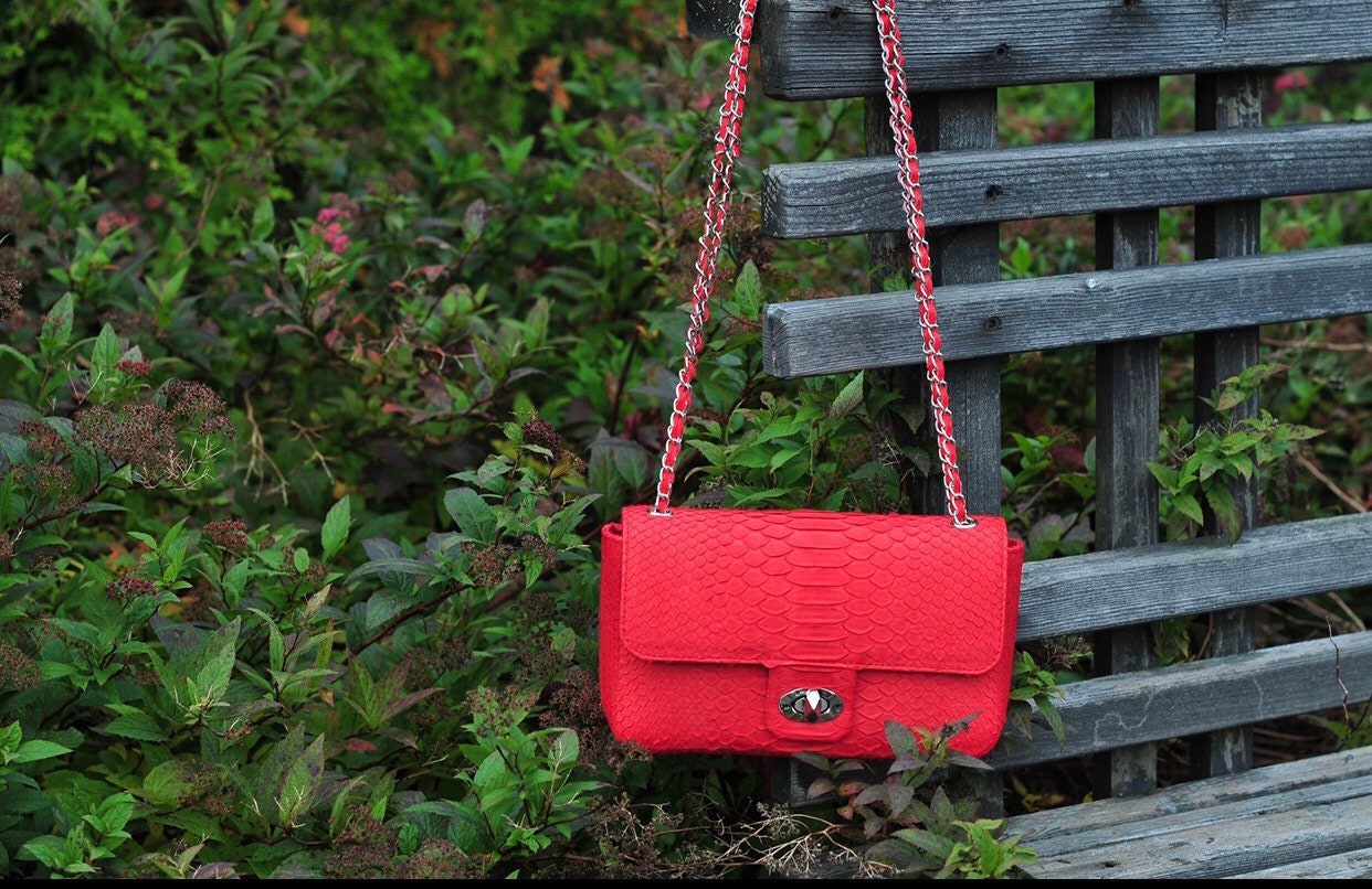 Genuine Python Skin Chain Crossbody Bag — Red