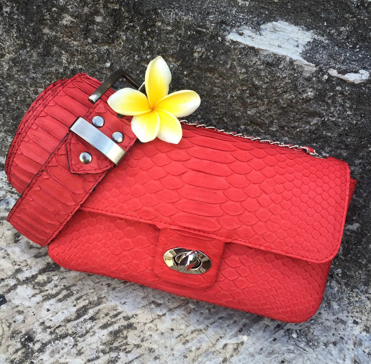 Genuine Python Skin Chain Crossbody Bag — Red