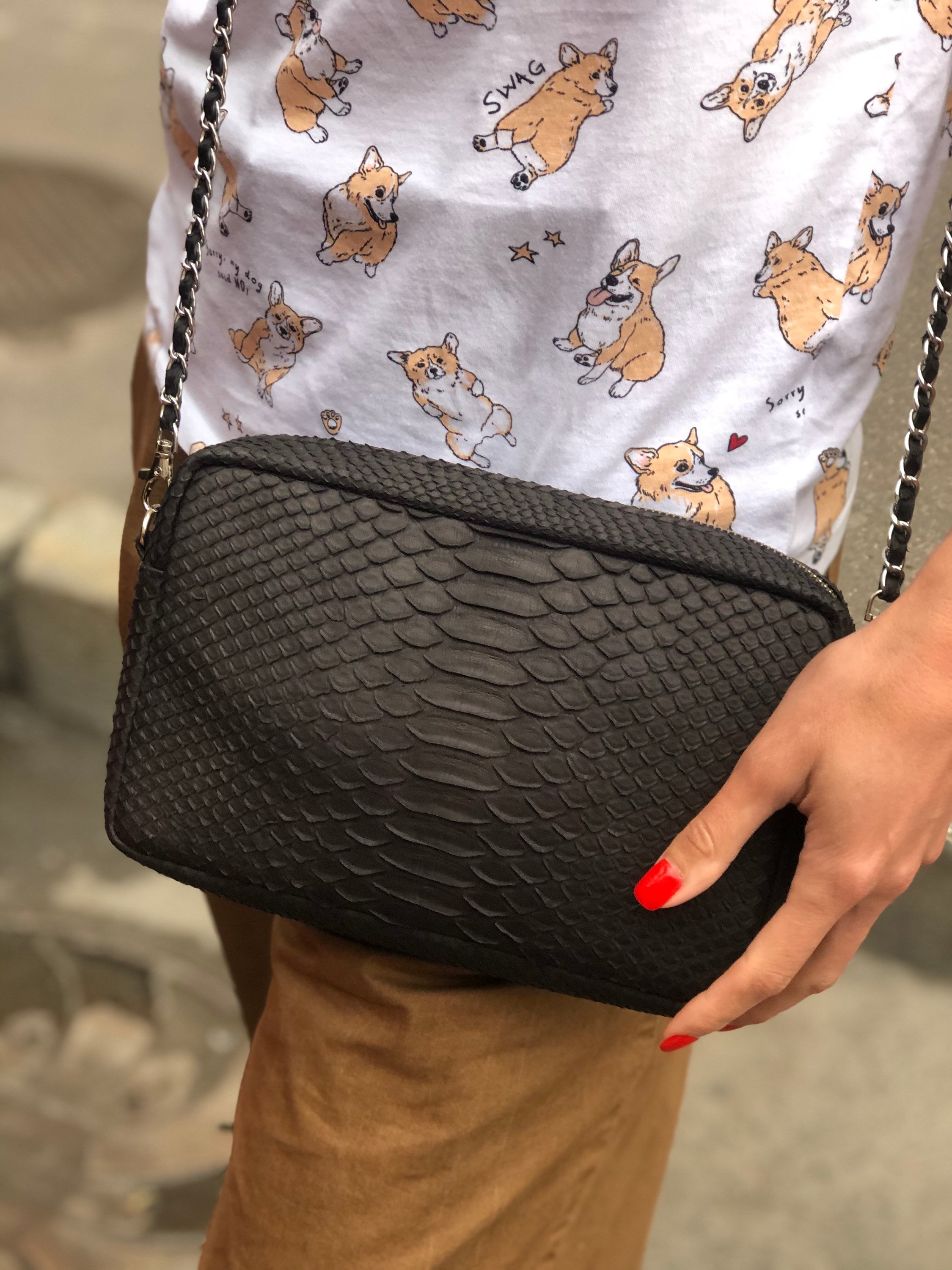 Genuine Python Skin Women Classy Black Bag